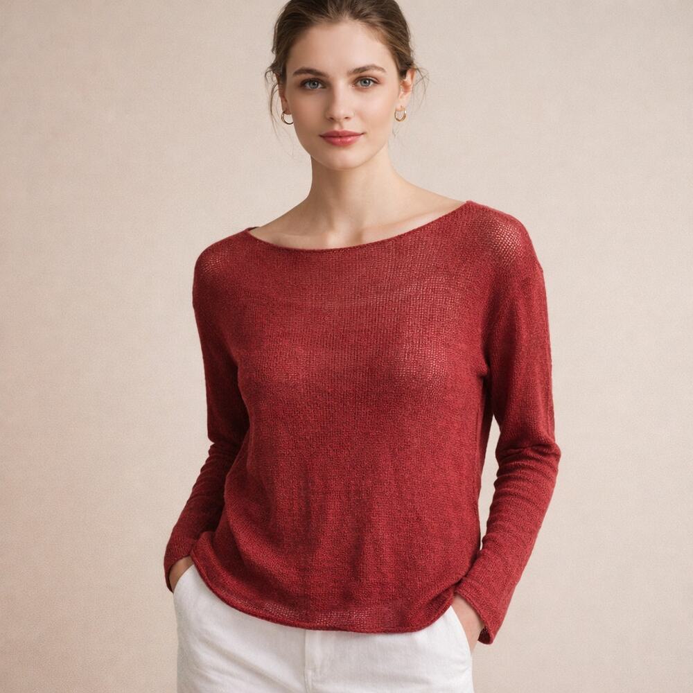 Eileen Fisher Sweater Women S Red Linen Knit Long Sleeve Boat Neck Lightweight